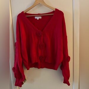 Red Threaded Leaf snap front Cardigan with Floral appliqués. M